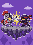 Pixel knight and ninja clashing on a floating stage