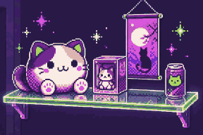 Pixel shelf with a cat plush, boxed figure and scroll