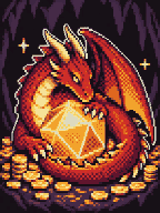 Pixel red dragon guarding a glowing twenty-sided die