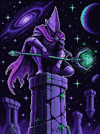 Neon pixel spellcaster holding an emerald staff