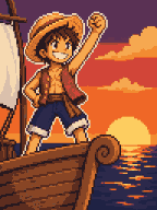 Pixel pirate in a straw hat on a ship's bow