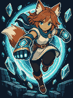 Pixel fox-eared champion leaping from a portal