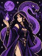 Pixel hooded sorceress with a violet serpent