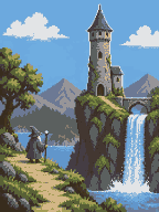 Pixel wizard tower beside a waterfall