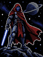 Pixel hooded space knight with a blue energy blade