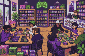 Pixel customers playing card games at tables inside the store